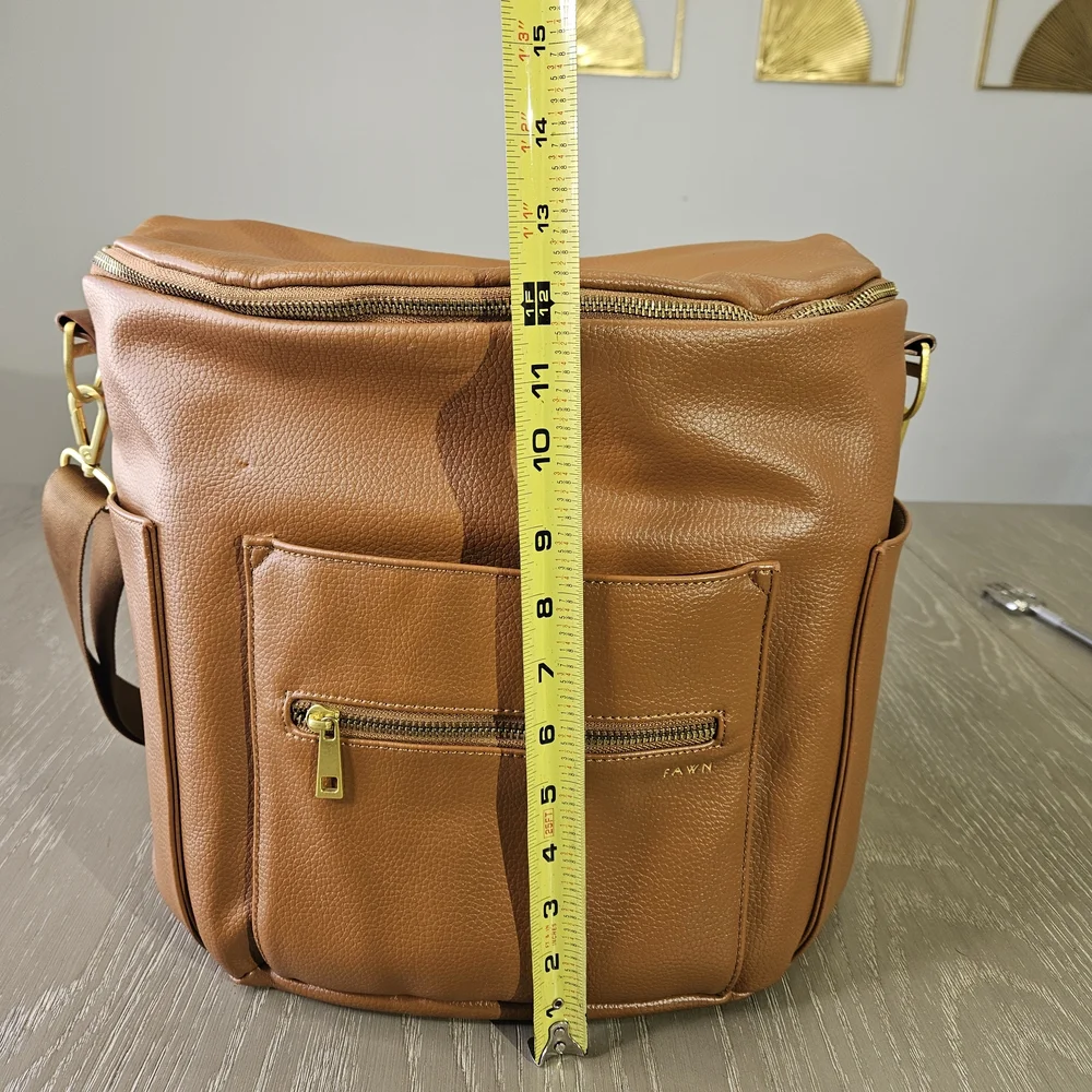 Fawn Design Brown Faux Leather Diaper Bag the Original With Brown Stroller Clips